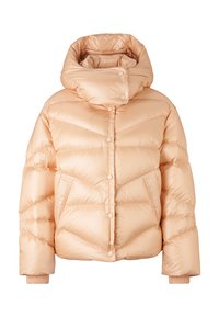 Kurtka puchowa w miękkim odcieniu brzoskwiniowym, z wysokim kołnierzem, pikowanym wzorem, zatrzaskami i ściągaczami na mankietach. Posiada dwie przednie kieszenie.