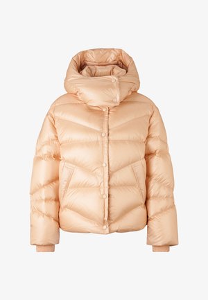 Puffer jacket in soft peach color with a high neck, quilted texture, snap buttons, and ribbed cuffs. Features two front pockets.