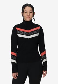 Pull à col roulé noir avec des motifs en chevron rouge, blanc et gris et des accents floraux sur les manches. Logo de la marque affiché sur la poitrine.
