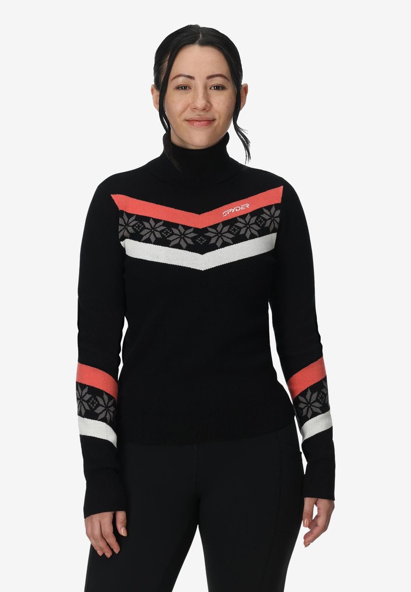 Pull à col roulé noir avec des motifs en chevron rouge, blanc et gris et des accents floraux sur les manches. Logo de la marque affiché sur la poitrine.