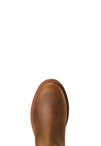 Stivale in pelle marrone con punta arrotondata, cuciture bianche a contrasto lungo la suola e una texture liscia. Nessun hardware o motivo visibile.
