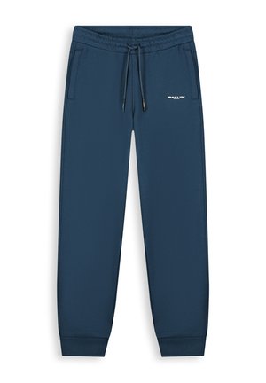 Marineblauwe joggingbroek met elastische tailleband, trekkoord, zijzakken, geribde boorden en klein wit "BALLIN'" logo op de heup.