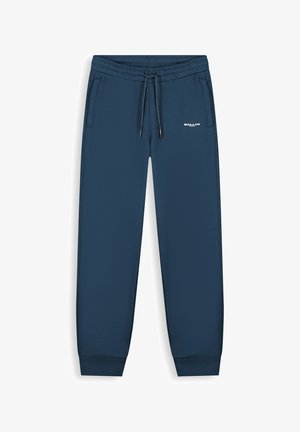 Marineblauwe joggingbroek met elastische tailleband, trekkoord, zijzakken, geribde boorden en klein wit "BALLIN'" logo op de heup.