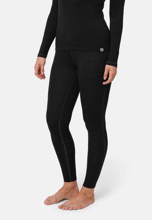 Leggings noirs en matériau doux, dotés d'un design ajusté, de coutures verticales contrastées et d'une texture lisse.
