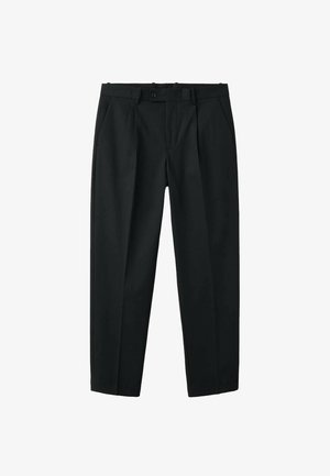 Czarne klasyczne spodnie z suwakiem i zapięciem na guzik, bocznymi kieszeniami, szlufkami na pasek oraz przodowymi plisami.
