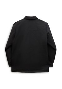 Zwarte jas met een effen kleur en een gladde textuur. Voorzien van een kraag, lange mouwen en een rechte zoom, ontworpen voor een ontspannen pasvorm.