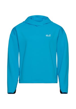 Sweat à capuche turquoise à manches longues fabriqué en tissu lisse et léger. Il présente une capuche et un logo discret sur la poitrine. Accents noirs aux poignets.