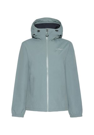 Light blue waterproof jacket with a hood, front zipper, elastic cuffs, and side pockets. Features a small logo on the left chest area.