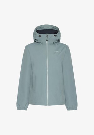 Light blue waterproof jacket with a hood, front zipper, elastic cuffs, and side pockets. Features a small logo on the left chest area.