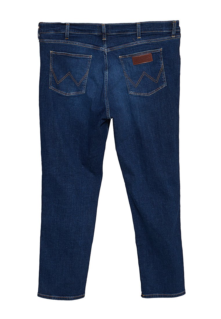 Jeans dżinsowe w ciemnoniebieskim kolorze, z dwoma tylnymi kieszeniami z haftem w zygzak oraz skórzaną łatą na pasku. Prosty krój nogawki.