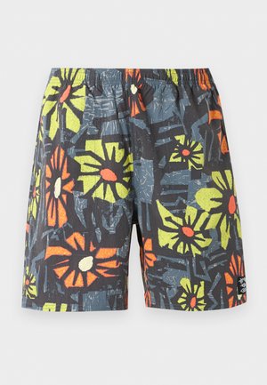Pantalones cortos con cintura elástica en color gris oscuro, con grandes patrones florales abstractos en amarillo y naranja.