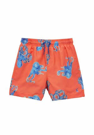 Jasnopomarańczowe kąpielówki z niebieskim nadrukiem ośmiornicy i regulowanym niebieskim ściągaczem w pasie.