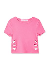 Top corto a coste rosa con maniche corte e dettagli a taglio sui lati. Il tessuto ha una texture liscia e un classico scollo a girocollo.