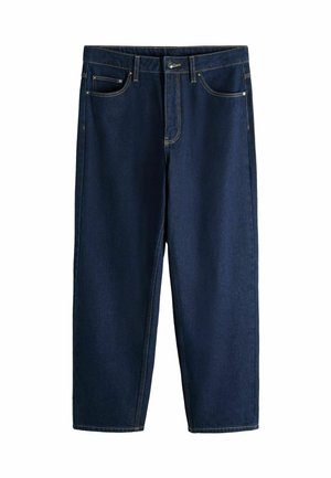 Dunkelblaue Jeans mit geradem Bein, vorderen Taschen, Gürtelschlaufen und Knopfverschluss vor weißem Hintergrund.