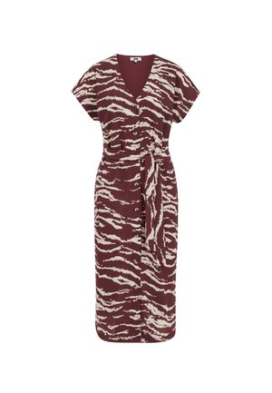 Midi haljina na kopčanje s kratkim rukavima, V-izrezom, remenom u struku i apstraktnim uzorkom zebre u bordo i krem bojama.