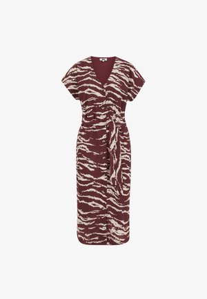 Midi obleka s kratkimi rokavi, V-izrezom, pasnim trakom in abstraktnim vzorcem zebre v bordo in krem barvah.