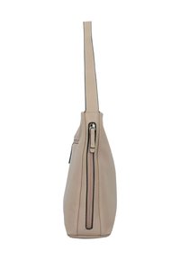 Beige leren schoudertas met een slanke silhoutte, voorzien van een zijzak met rits en een gestructureerd handvat. Glad textuur en minimalistisch ontwerp.