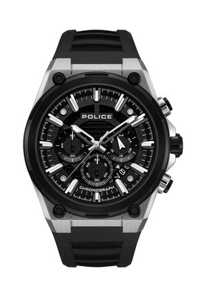 Reloj de pulsera para hombre con esfera negra, marcadores y agujas plateadas, tres subesferas, correa de caucho negra y caja de plata pulida con funciones de cronógrafo.