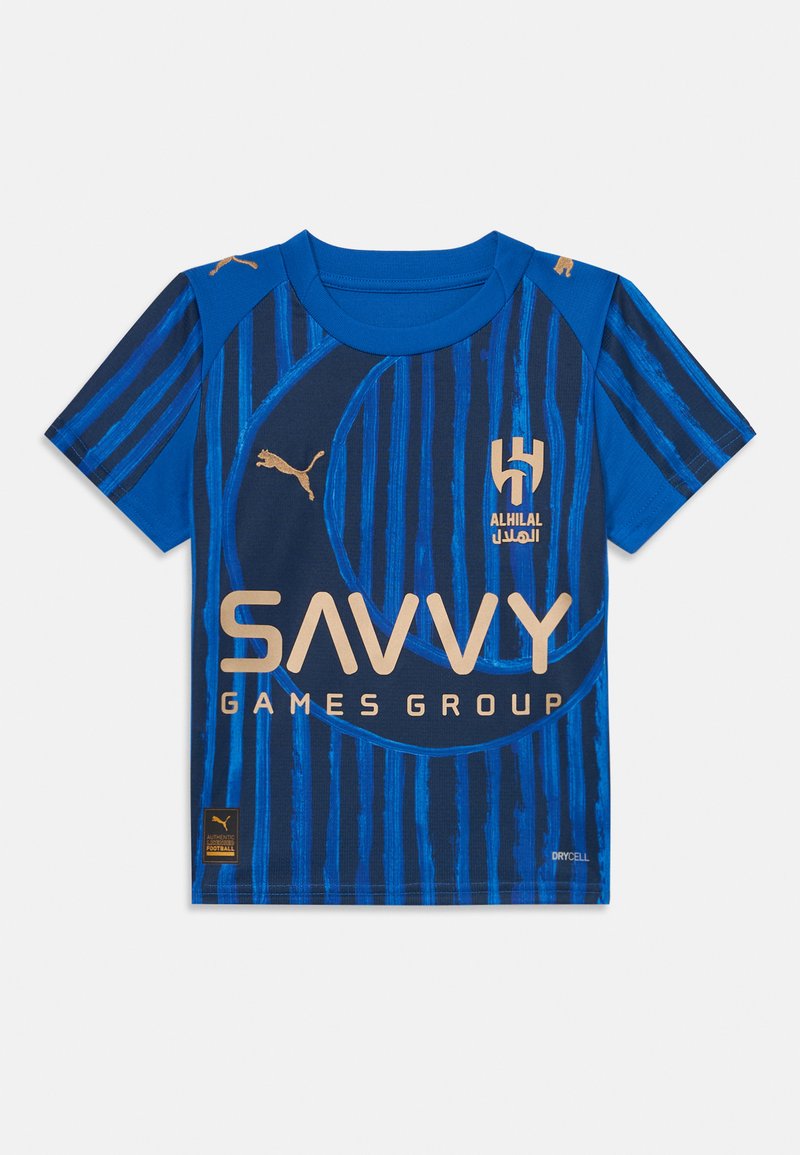Majica kratkih rukava za nogomet u plavoj boji, s vertikalnim prugama, zlatnim logom, okruglim izrezom i mekim materijalom s svojstvima odvođenja vlage.