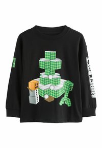 Čierna košeľa s dlhým rukávom, na ktorej sa nachádza grafika zelených a bielych pixelovaných kociek, snehuliaka a dizajn creepera.