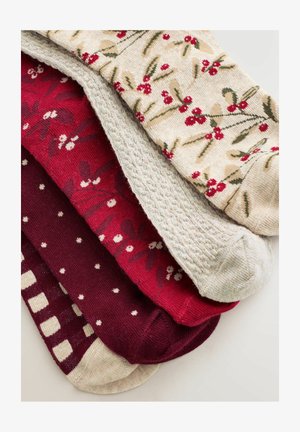 Set mit fünf Socken: cremefarben mit Blumenmuster, hellgrau mit Textur, tiefrot mit kleinen Punkten, dunkelweinrot mit Punkten, kariert in burgund.