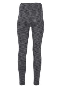 Musta ja harmaa kuviollinen leggingsit, joissa on korkea vyötärö, valmistettu joustavasta kankaasta, joka on sileä ja täyspitkä.