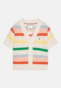 Kortärmad stickad cardigan i krämfärg med flerfärgade horisontella ränder, med V-ringning, framknäppning och diamantmönster.