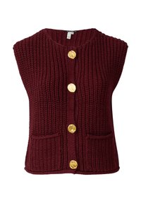 Bordeauxfarbener Strickweste mit Rundhalsausschnitt, ausgestattet mit fünf großen, goldfarbenen Knöpfen und zwei Fronttaschen. Strukturierte Maschenmuster über die gesamte Fläche.