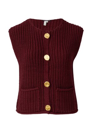 Gilet in maglia bordeaux con scollo a girocollo, dotato di cinque grandi bottoni dorati e due tasche anteriori. Motivo a punto testurizzato su tutta la superficie.