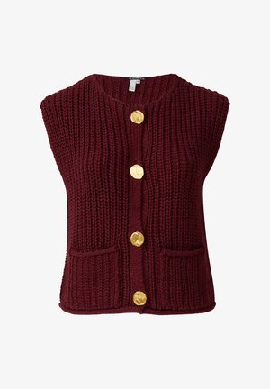 Gilet in maglia bordeaux con scollo a girocollo, dotato di cinque grandi bottoni dorati e due tasche anteriori. Motivo a punto testurizzato su tutta la superficie.