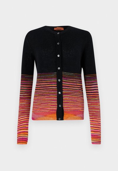 Black cardigan with a gradient of horizontal stripes in pink, orange, and yellow. Features a round neckline and button closure.