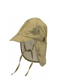 Kinder-Canvas-Sonnenhut in Khaki mit einem vorderen Schirm, Nackenklappe und Mustern von Palmen und Giraffen, ausgestattet mit einem Bindeband. Weiche Stoffstruktur.