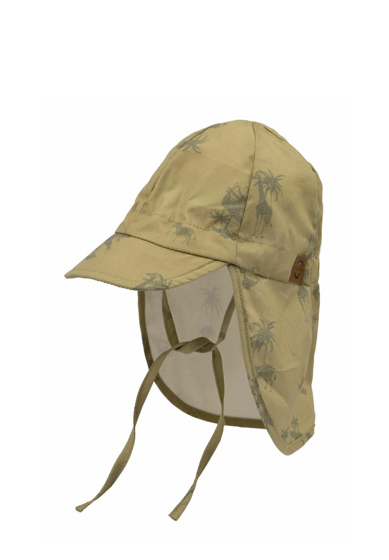 Kinder-Canvas-Sonnenhut in Khaki mit einem vorderen Schirm, Nackenklappe und Mustern von Palmen und Giraffen, ausgestattet mit einem Bindeband. Weiche Stoffstruktur.