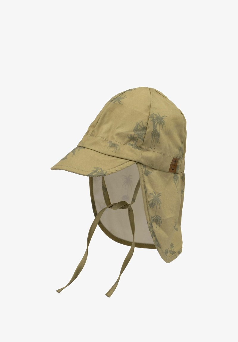 Kids' khaki sun hat with a front brim, neck flap, and patterns of palm trees and giraffes, featuring a tie closure. Soft fabric texture.