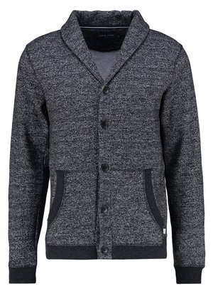 Gray, textured cardigan with a shawl collar, five buttons, two front pockets, and ribbed cuffs. Features a subtle pattern throughout.