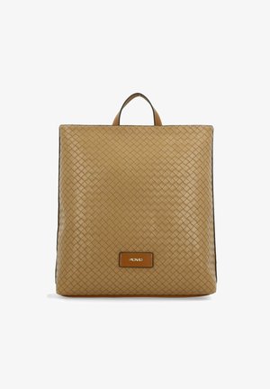 Beige woven leather backpack with a rectangular shape, top handle, and a leather logo patch at the bottom. Smooth texture and subtle accents.