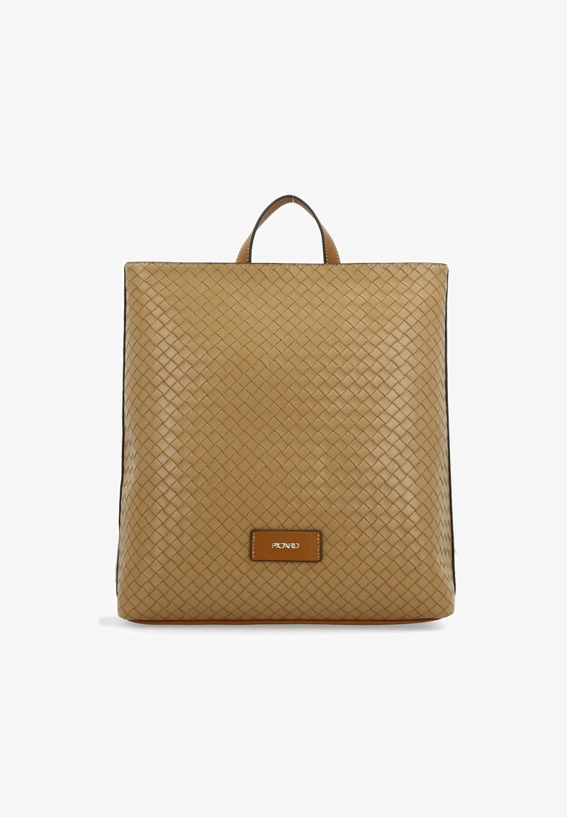 Beige woven leather backpack with a rectangular shape, top handle, and a leather logo patch at the bottom. Smooth texture and subtle accents.