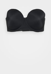 Svart strapless bh tillverkad av slät tyg, med formade kupor, underwire-stöd och en krok-och-öga-stängning bak.
