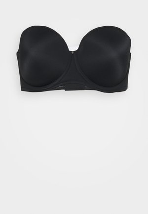 Black strapless bra made of smooth fabric, featuring molded cups, underwire support, and a hook-and-eye closure at the back.