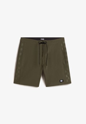 Olivgrüne Badeshorts aus leichtem Material, mit Akzenten im Schachbrettmuster, verstellbarem Kordelzugbund und Logo-Patch.