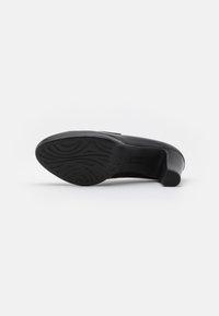 Scarpa nera con tacco alto che mostra una suola in gomma testurizzata con motivi a onda, materiale superiore liscio e un design del tacco arrotondato.