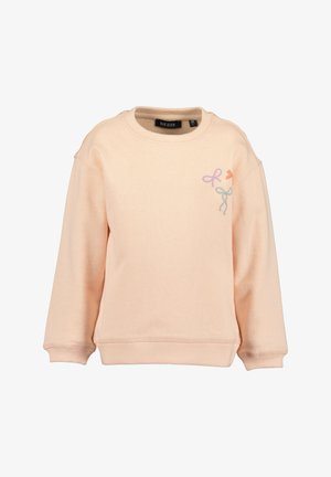 Sweatshirt couleur pêche avec un col rond, des coutures de manches tombantes et des accents brodés colorés en violet et orange sur le devant.