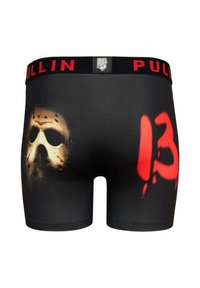 Boxer shorts noirs avec un design imprimé représentant un masque de hockey et le numéro "13" en rouge. Ceinture élastique avec la marque "PULLIN".