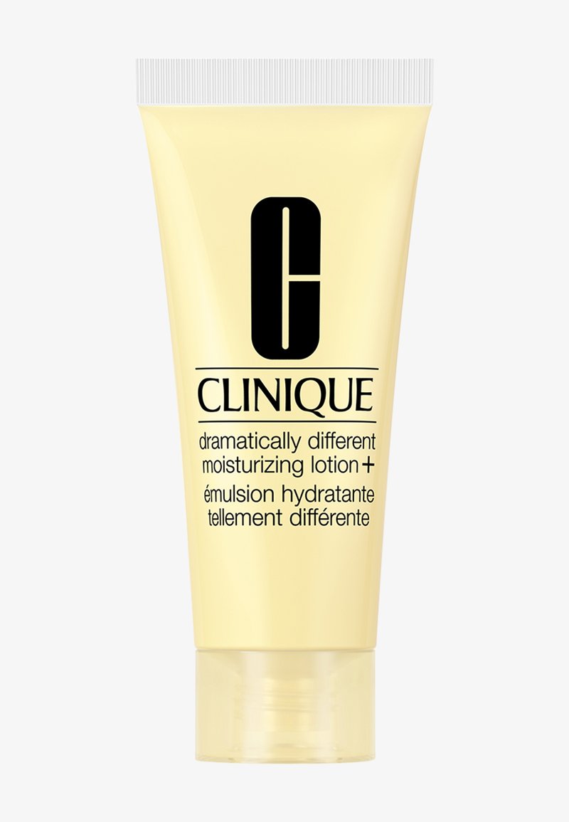 Clinique Dramatically Different Moisturizing Lotion Plus i lys gul tube med sort tekst og gennemsigtigt låg.