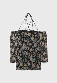 Schwarze Bluse mit floralem Muster aus durchscheinendem Stoff, mit schulterfreiem Design, langen Ärmeln und dünnen Bändern am Ausschnitt. Rosen- und Blättermuster.