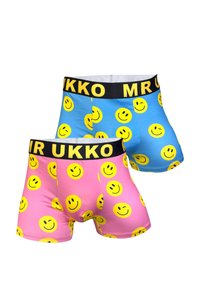 Boxer ajustados en azul y rosa, con un patrón de caras sonrientes amarillas repetidas, y una cinturilla elástica negra que dice "MR UKKO".