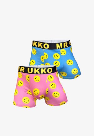 Boxershorts in blauw en roze, met een herhalend patroon van gele glimlachende gezichten, met een zwarte "MR UKKO" elastische tailleband.