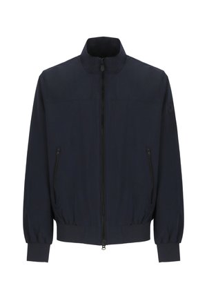 Marineblaues Bomberjacke, leichtes Material, Reißverschluss, seitliche Taschen, gerippte Bündchen und Saum, glatte Textur, minimalistisches Design.