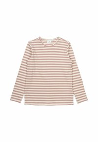 Långärmad randig skjorta i mjuk rosa och krämfärg, med ribbad textur och rund halsringning. Minimalistisk design utan synlig hårdvara.