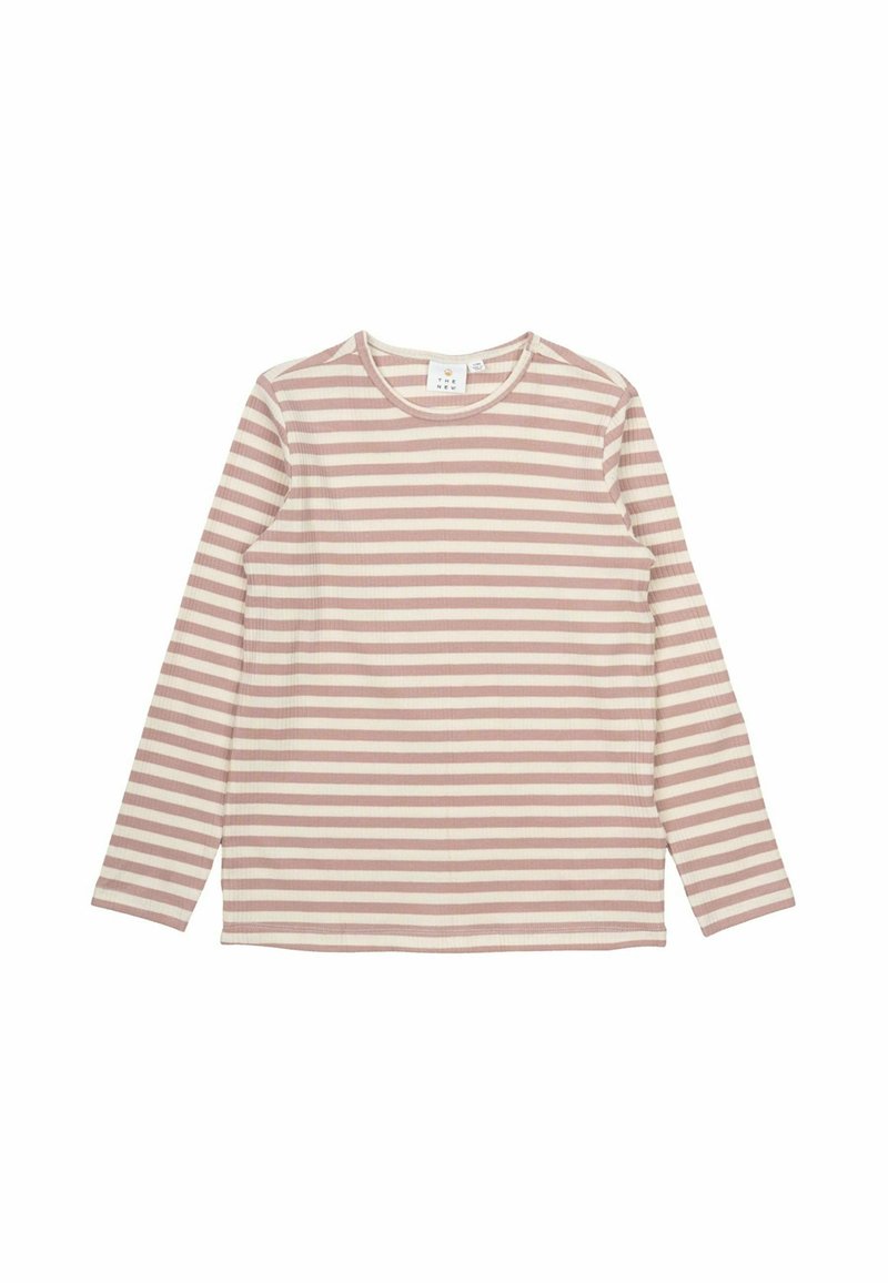 Långärmad randig skjorta i mjuk rosa och krämfärg, med ribbad textur och rund halsringning. Minimalistisk design utan synlig hårdvara.